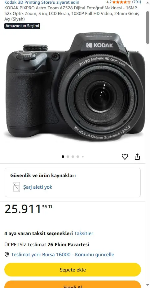 KODAK PIXPRO Astro Zoom AZ528 Dijital Fotoğraf Makinesi - 16MP, 52x Optik Zoom, 3 inç LCD Ekran, 1080P Full HD Video, 24mm Geniş Açı (Siyah)