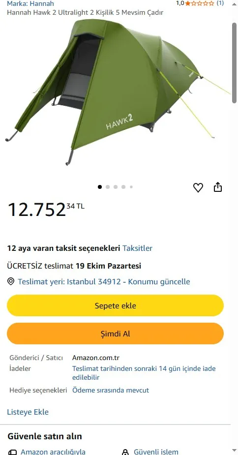Hannah Hawk 2 Ultralight 2 Kişilik 5 Mevsim Çadır