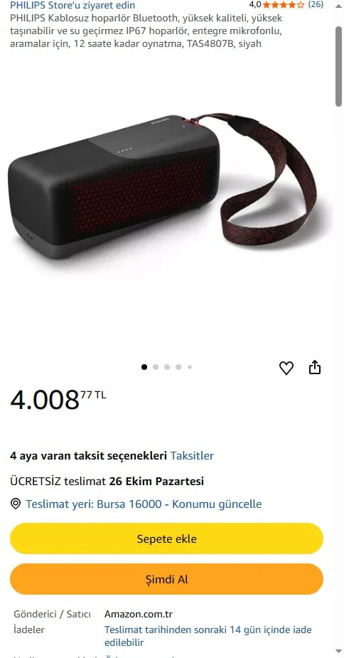 PHILIPS Kablosuz hoparlör Bluetooth, yüksek kaliteli, yüksek taşınabilir ve su geçirmez IP67 hoparlör, entegre mikrofonlu, aramalar için, 12 saate kadar oynatma, TAS4807B, siyah