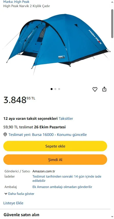 High Peak Narvik 2 Kişilik Çadır