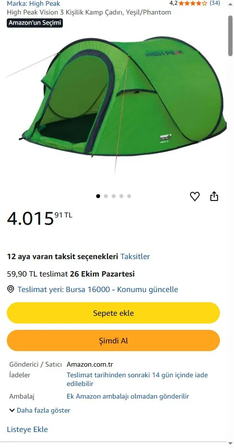 High Peak Vision 3 Kişilik Kamp Çadırı, Yeşil/Phantom