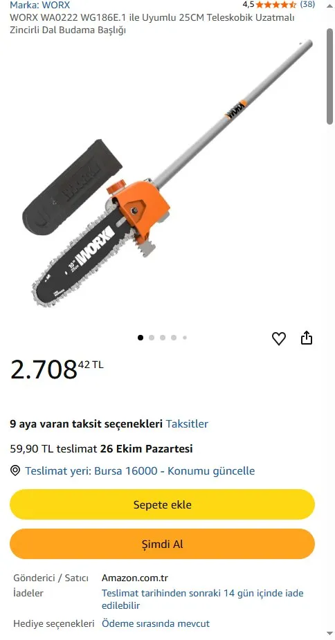 WORX WA0222 WG186E.1 ile Uyumlu 25CM Teleskobik Uzatmalı Zincirli Dal Budama Başlığı