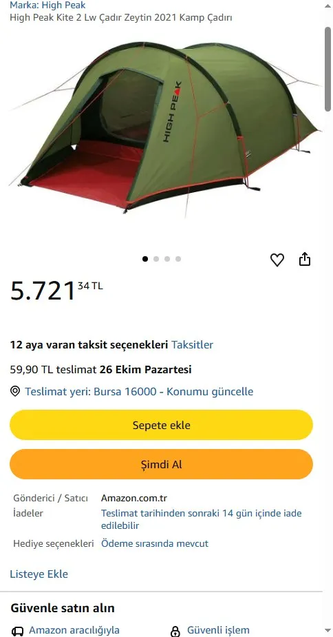 High Peak Kite 2 Lw Çadır Zeytin 2021 Kamp Çadırı