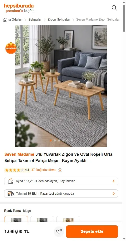 Seven Madame 3'lü Yuvarlak Zigon ve Oval Köşeli Orta Sehpa Takımı 4 Parça Meşe - Kayın Ayaklı