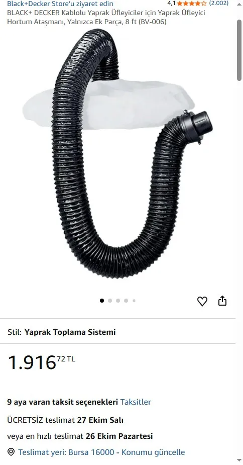 BLACK+ DECKER Kablolu Yaprak Üfleyiciler için Yaprak Üfleyici Hortum Ataşmanı, Yalnızca Ek Parça, 8 ft (BV-006)