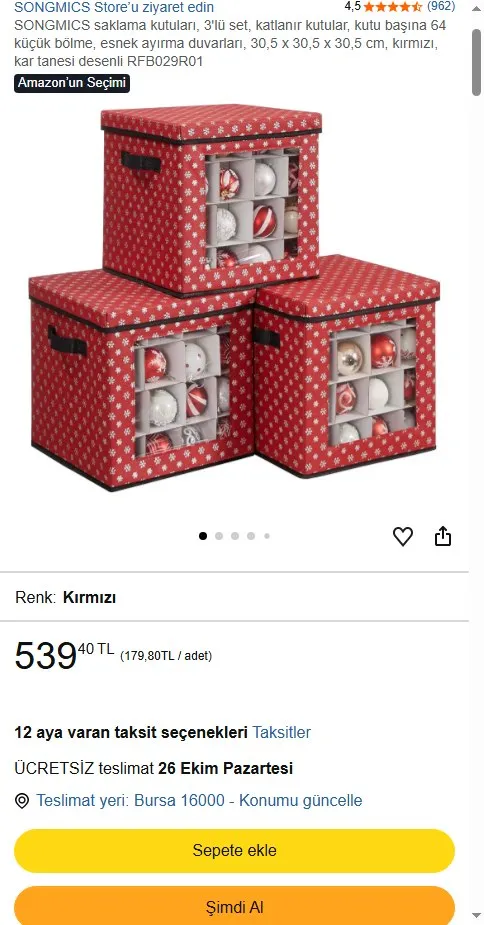 SONGMICS saklama kutuları, 3'lü set, katlanır kutular, kutu başına 64 küçük bölme, esnek ayırma duvarları, 30,5 x 30,5 x 30,5 cm, kırmızı, kar tanesi desenli RFB029R01