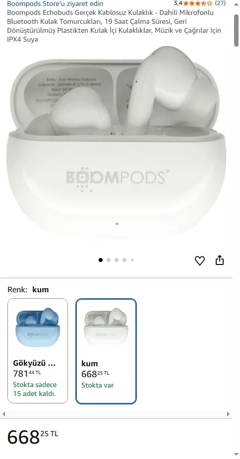 Boompods Echobuds Gerçek Kablosuz Kulaklık - Dahili Mikrofonlu Bluetooth Kulak Tomurcukları, 19 Saat Çalma Süresi, Geri Dönüştürülmüş Plastikten Kulak İçi Kulaklıklar, Müzik ve Çağrılar için IPX4 Suya