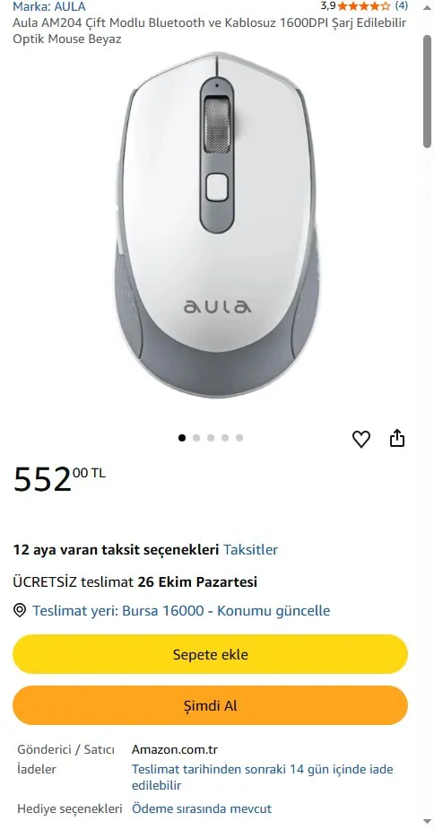 Aula AM204 Çift Modlu Bluetooth ve Kablosuz 1600DPI Şarj Edilebilir Optik Mouse Beyaz