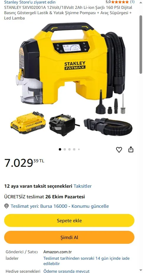 STANLEY SXVI02001A 12Volt/18Volt 2Ah Li-ion Şarjlı 160 PSI Dijital Basınç Göstergeli Lastik & Yatak Şişirme Pompası + Araç Süpürgesi + Led Lamba