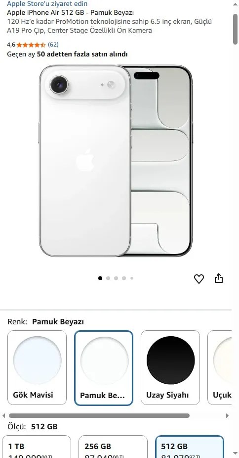 Apple iPhone Air 512 GB - Pamuk Beyazı
