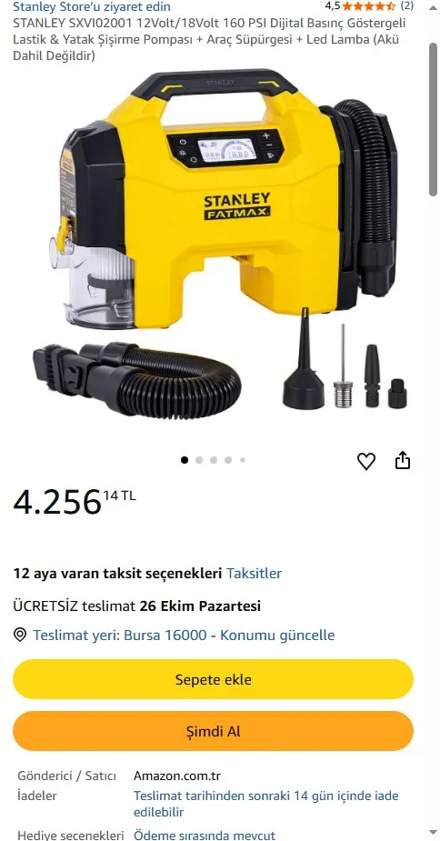 STANLEY SXVI02001 12Volt/18Volt 160 PSI Dijital Basınç Göstergeli Lastik & Yatak Şişirme Pompası + Araç Süpürgesi + Led Lamba (Akü Dahil Değildir)