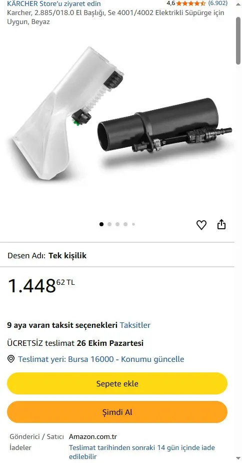 Karcher, 2.885/018.0 El Başlığı, Se 4001/4002 Elektrikli Süpürge için Uygun, Beyaz