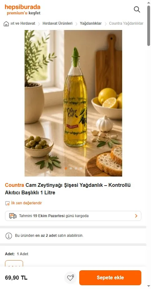 Countra Cam Zeytinyağı Şişesi Yağdanlık – Kontrollü Akıtıcı Başlıklı 1 Litre