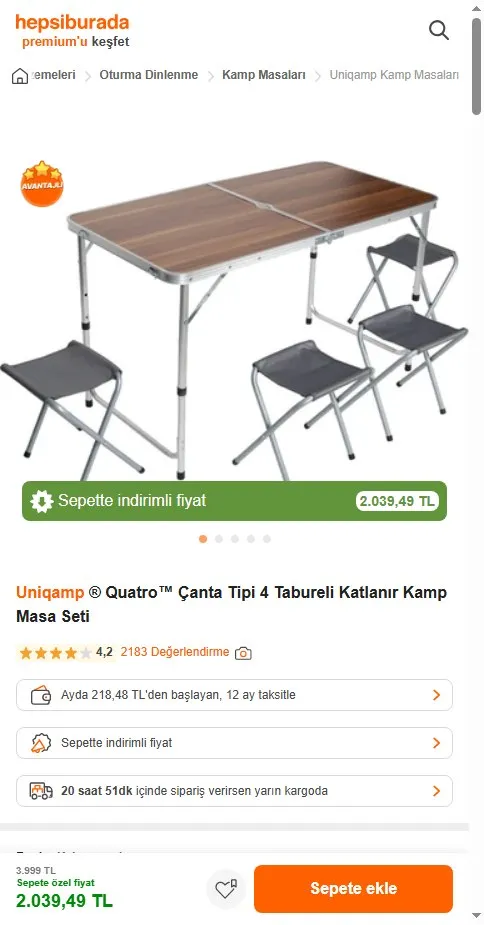 Uniqamp ® Quatro™ Çanta Tipi 4 Tabureli Katlanır Kamp Masa Seti
