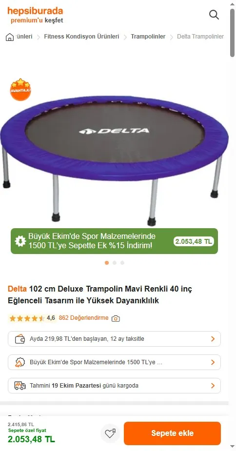 Delta 102 cm Deluxe Trampolin Mavi Renkli 40 inç Eğlenceli Tasarım ile Yüksek Dayanıklılık