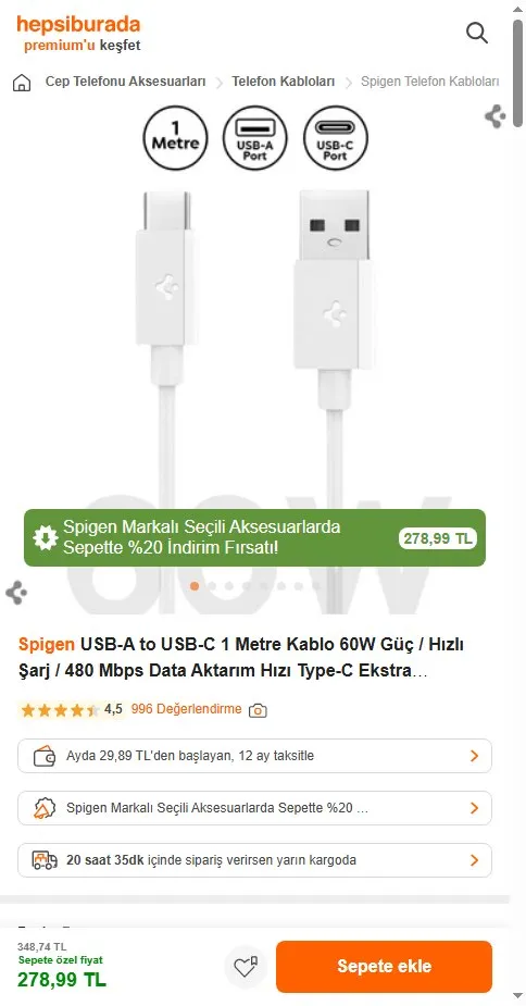 Spigen USB-A to USB-C 1 Metre Kablo 60W Güç / Hızlı Şarj / 480 Mbps Data Aktarım Hızı Type-C Ekstra Dayanıklı White - ACA08715