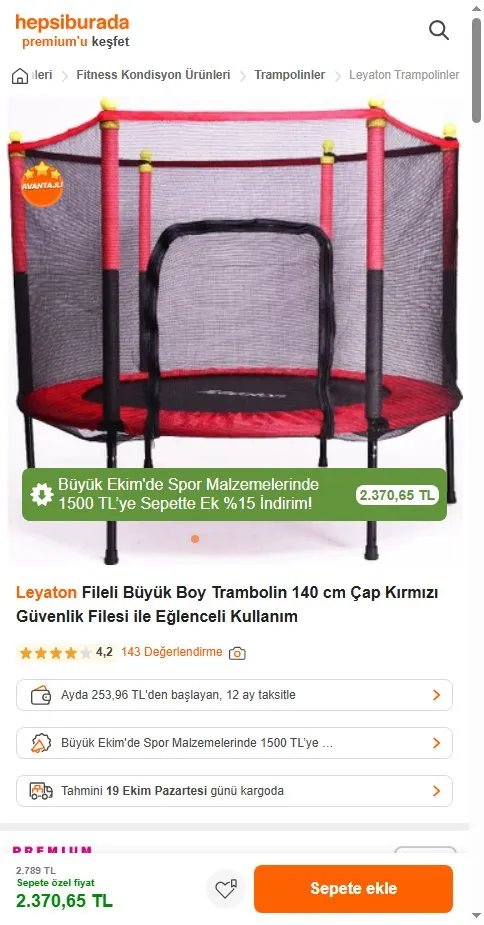 Leyaton Fileli Büyük Boy Trambolin 140 cm Çap Kırmızı Güvenlik Filesi ile Eğlenceli Kullanım