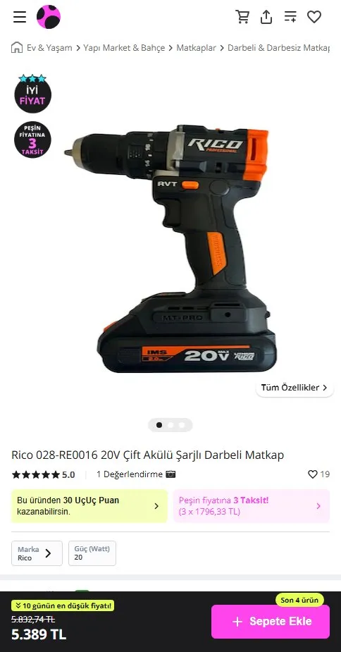 Rico 028-RE0016 20V Çift Akülü Şarjlı Darbeli Matkap