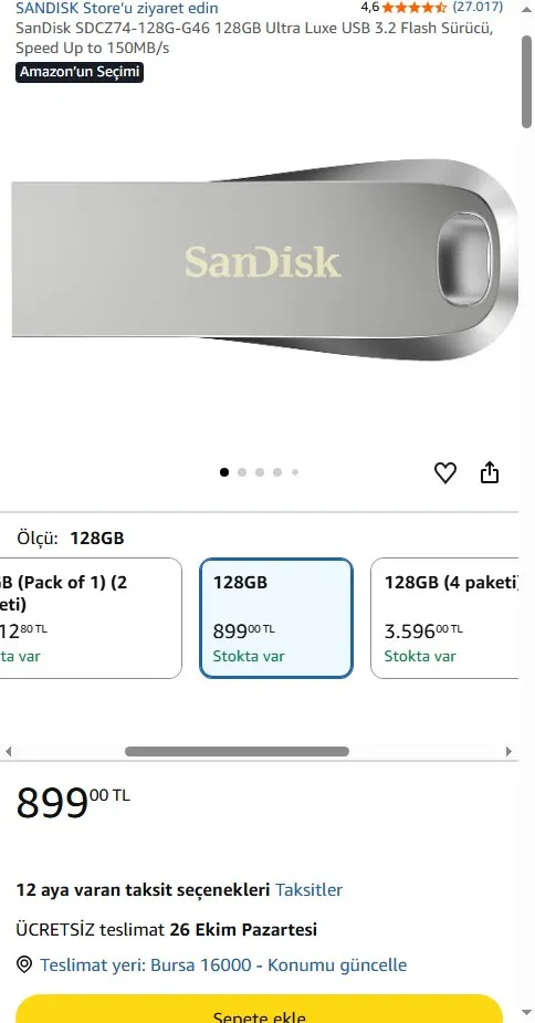 SanDisk SDCZ74-128G-G46 128GB Ultra Luxe USB 3.2 Flash Sürücü, Speed Up to 150MB/s