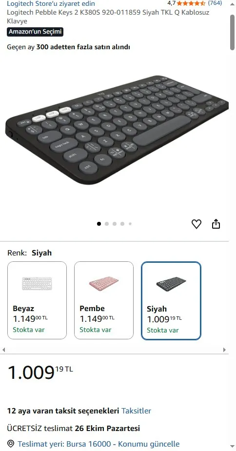 Logitech Pebble Keys 2 K380S 920-011859 Siyah TKL Q Kablosuz Klavye