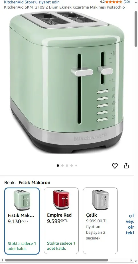 KitchenAid 5KMT2109 2 Dilim Ekmek Kızartma Makinesi Pistacchio