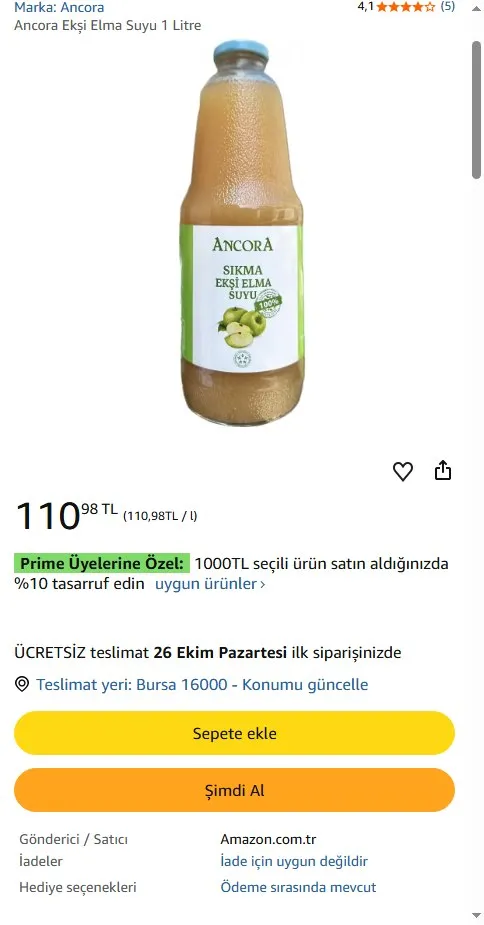 Ancora Ekşi Elma Suyu 1 Litre