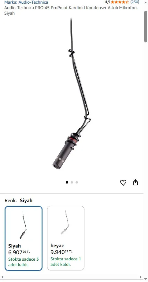 Audio-Technica PRO 45 ProPoint Kardioid Kondenser Askılı Mikrofon, Siyah