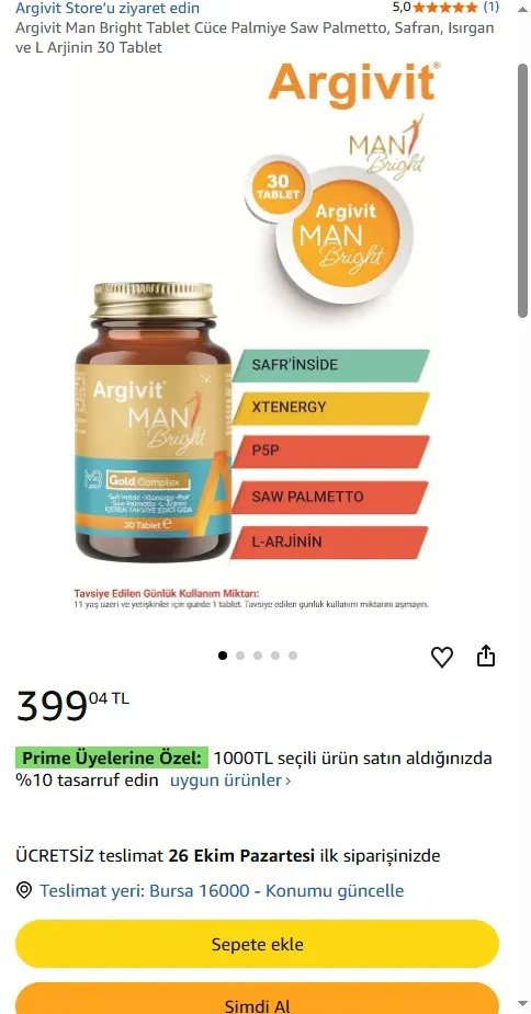 Argivit Man Bright Tablet Cüce Palmiye Saw Palmetto, Safran, Isırgan ve L Arjinin 30 Tablet