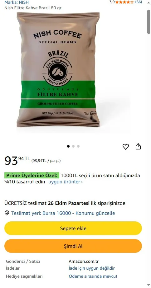 Nish Filtre Kahve Brazil 80 gr