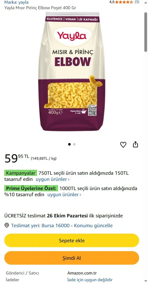 Yayla Mısır Pirinç Elbow Poşet 400 Gr