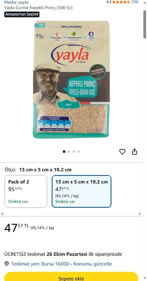 Yayla Gurme Kepekli Pirinç (500 Gr)