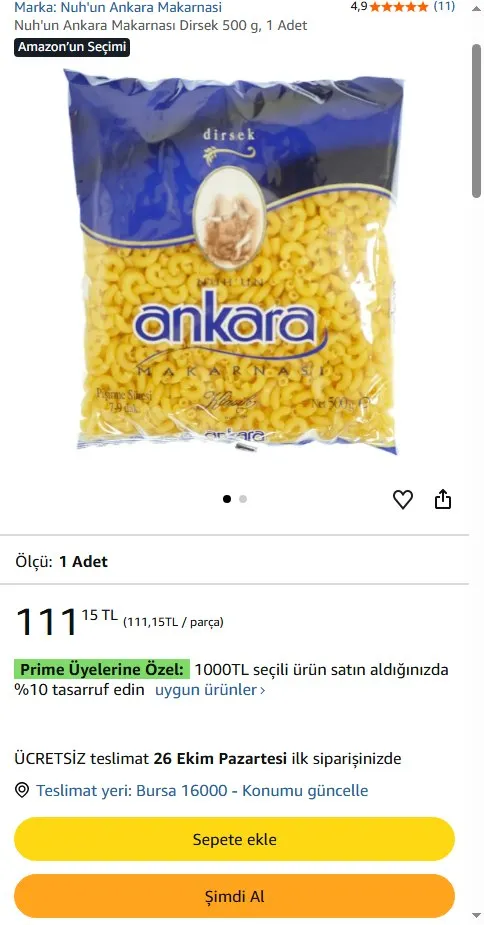 Nuh'un Ankara Makarnası Dirsek 500 g, 1 Adet
