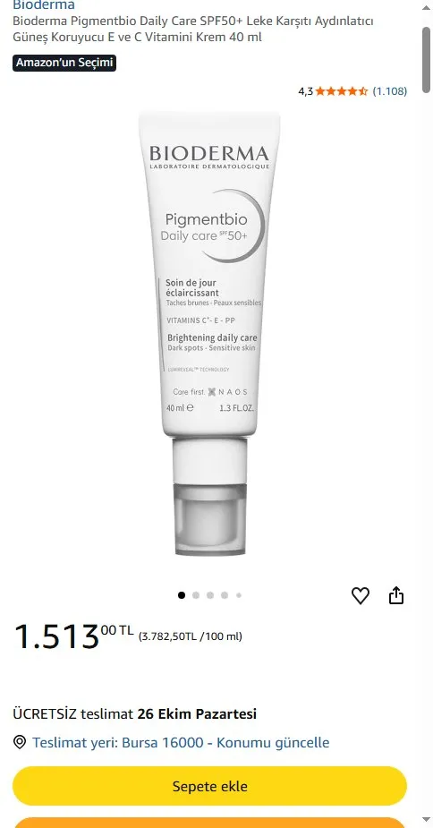 Bioderma Pigmentbio Daily Care SPF50+ Leke Karşıtı Aydınlatıcı Güneş Koruyucu E ve C Vitamini Krem 40 ml