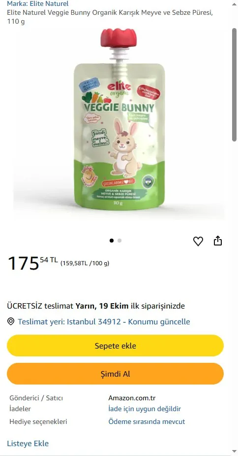 Elite Naturel Veggie Bunny Organik Karışık Meyve ve Sebze Püresi, 110 g