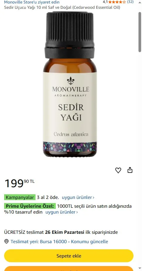 Sedir Uçucu Yağı 10 ml Saf ve Doğal (Cedarwood Essential Oil)