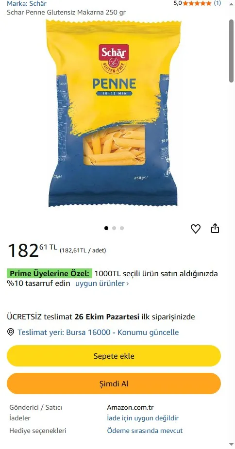 Schar Penne Glutensiz Makarna 250 gr