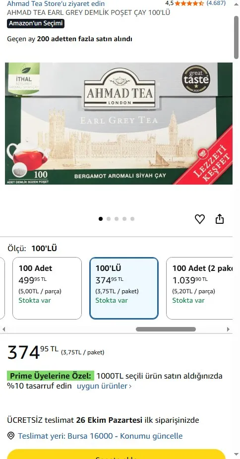 AHMAD TEA EARL GREY DEMLİK POŞET ÇAY 100'LÜ