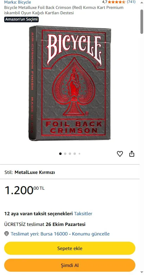 Bicycle Metalluxe Foil Back Crimson (Red) Kırmızı Kart Premium iskambil Oyun Kağıdı Kartları Destesi