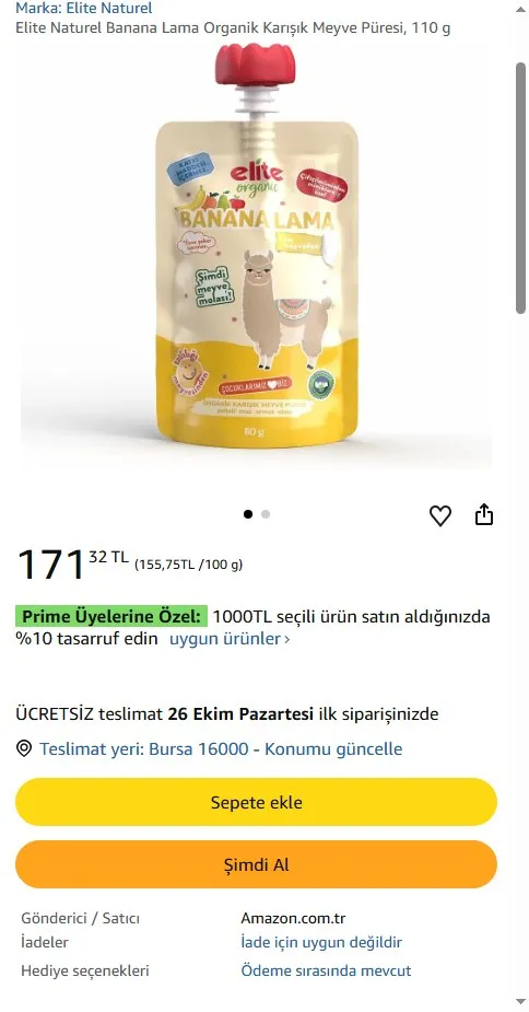 Elite Naturel Banana Lama Organik Karışık Meyve Püresi, 110 g