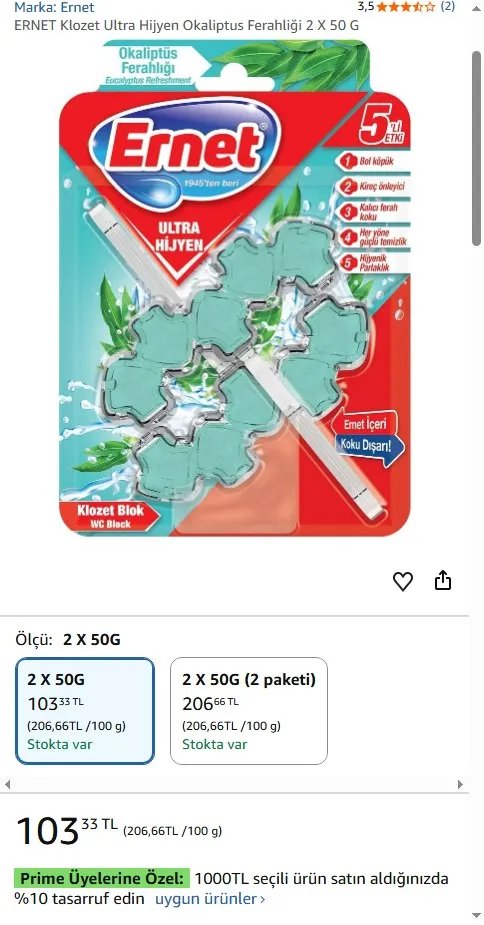 ERNET Klozet Ultra Hijyen Okaliptus Ferahliği 2 X 50 G