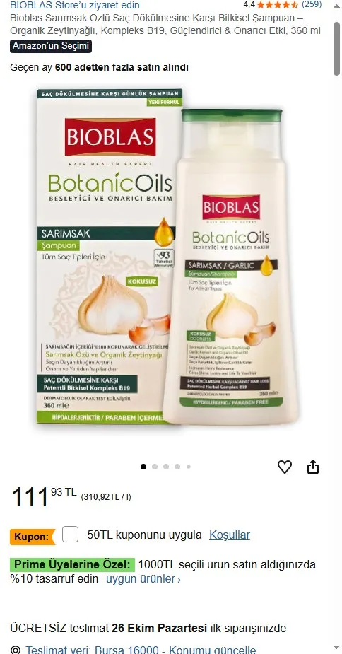 Bioblas Sarımsak Özlü Saç Dökülmesine Karşı Bitkisel Şampuan – Organik Zeytinyağlı, Kompleks B19, Güçlendirici & Onarıcı Etki, 360 ml