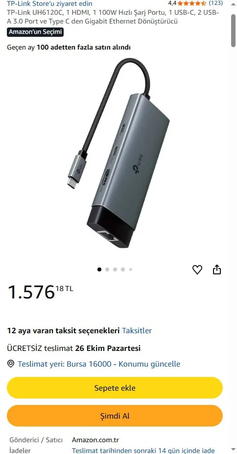 TP-Link UH6120C, 1 HDMI, 1 100W Hızlı Şarj Portu, 1 USB-C, 2 USB-A 3.0 Port ve Type C den Gigabit Ethernet Dönüştürücü