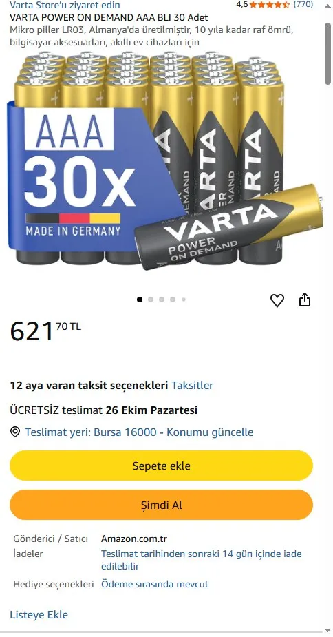 VARTA POWER ON DEMAND AAA BLI 30 Adet