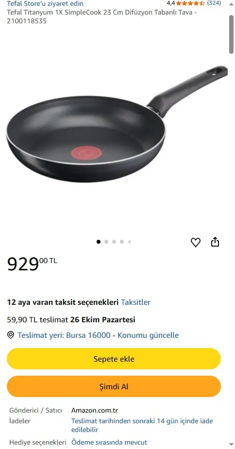 Tefal Titanyum 1X SimpleCook 23 Cm Difüzyon Tabanlı Tava - 2100118535