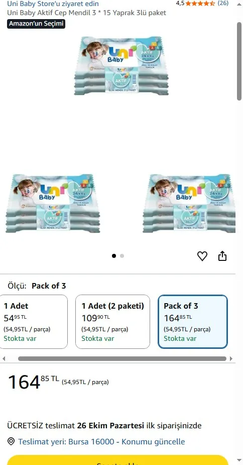 Uni Baby Aktif Cep Mendil 3 * 15 Yaprak 3lü paket