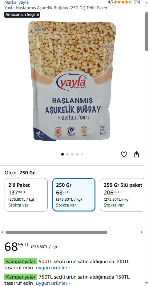 Yayla Haşlanmış Aşurelik Buğday (250 Gr) Tekli Paket