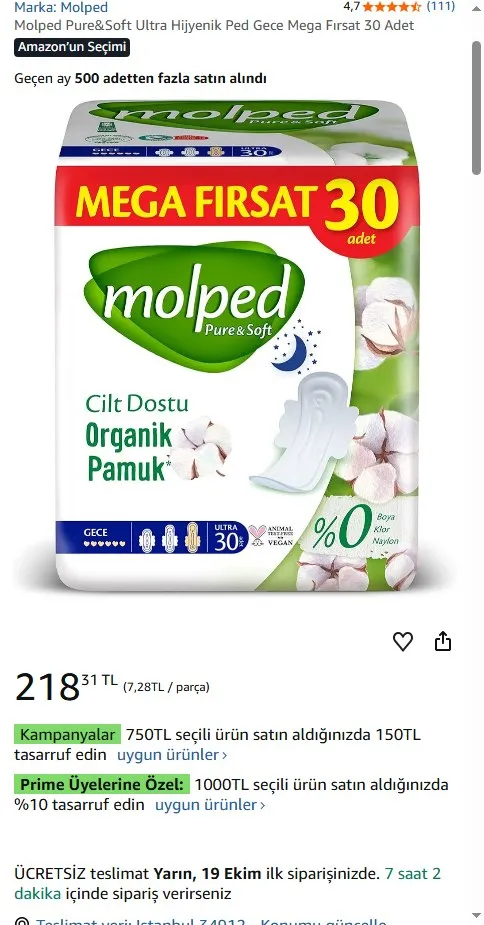 Molped Pure&Soft Ultra Hijyenik Ped Gece Mega Fırsat 30 Adet