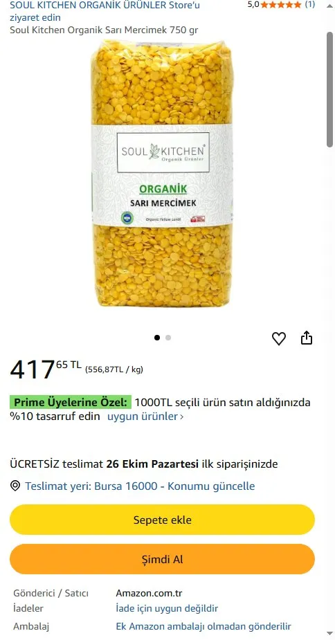 Soul Kitchen Organik Sarı Mercimek 750 gr