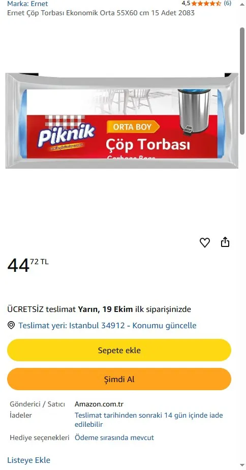Ernet Çöp Torbası Ekonomik Orta 55X60 cm 15 Adet 2083