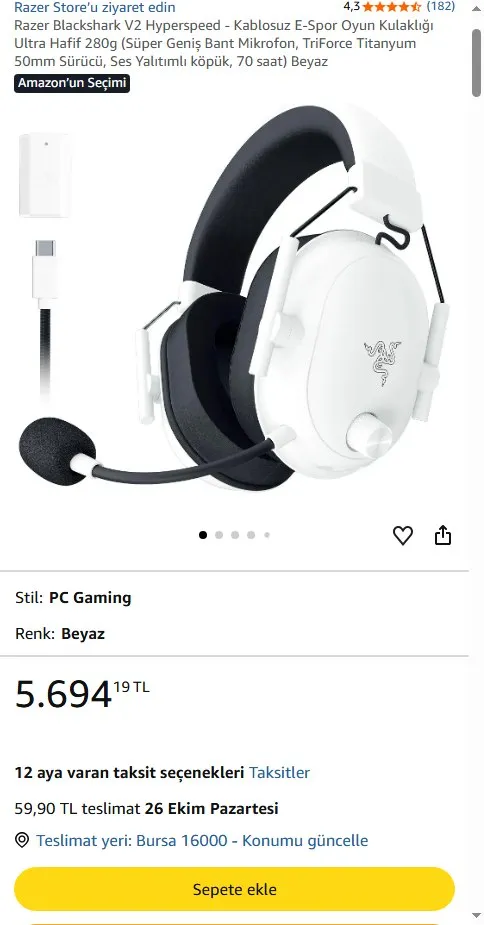Razer Blackshark V2 Hyperspeed - Kablosuz E-Spor Oyun Kulaklığı Ultra Hafif 280g (Süper Geniş Bant Mikrofon, TriForce Titanyum 50mm Sürücü, Ses Yalıtımlı köpük, 70 saat) Beyaz
